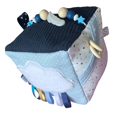 cube d'éveil maxi 15 cm tout doux pour bébé en tissu texturé lapin avec ballon