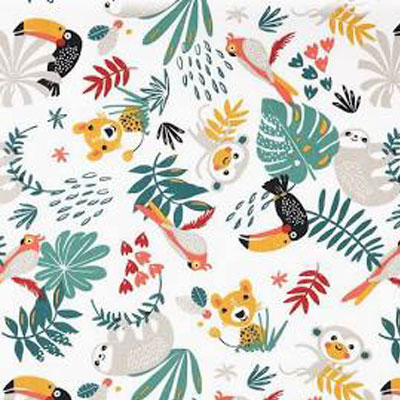 Tissu en coton jungle fond blanc avec petits animaux comme le toucan, le singe utilisé pour la confection des tapis d'éveil ou de Gaston le dragon - sur mesure