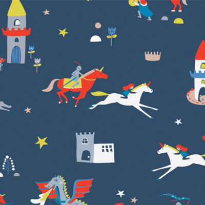 tissu coton bleu marine motif chevaliers et dragons , contes et légendes pour confection gaston ou tapis d'éveil personnalisé